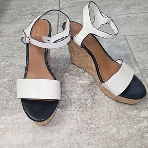 Tommy Hilfiger Cork Wedges - Navy and White